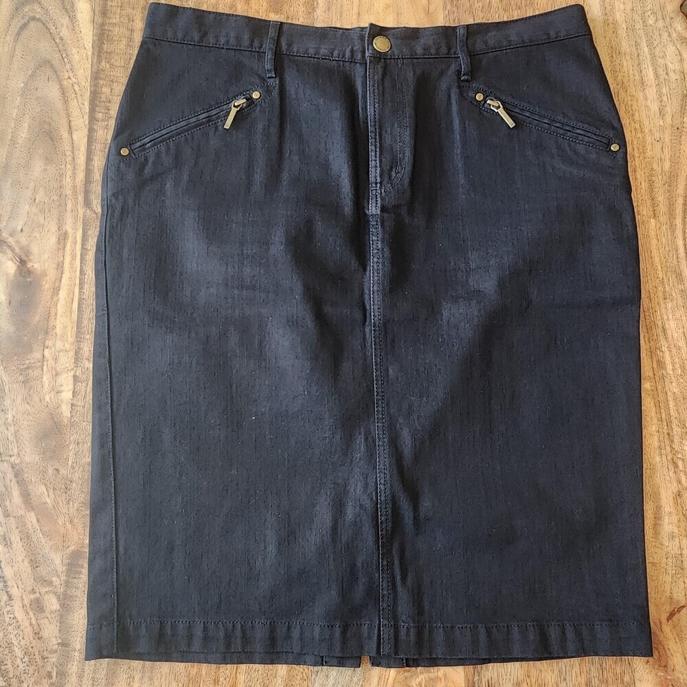 Lauren Ralph Lauren Skirt Womens 12 Black Denim Knee Pencil Zip Pockets Stretch